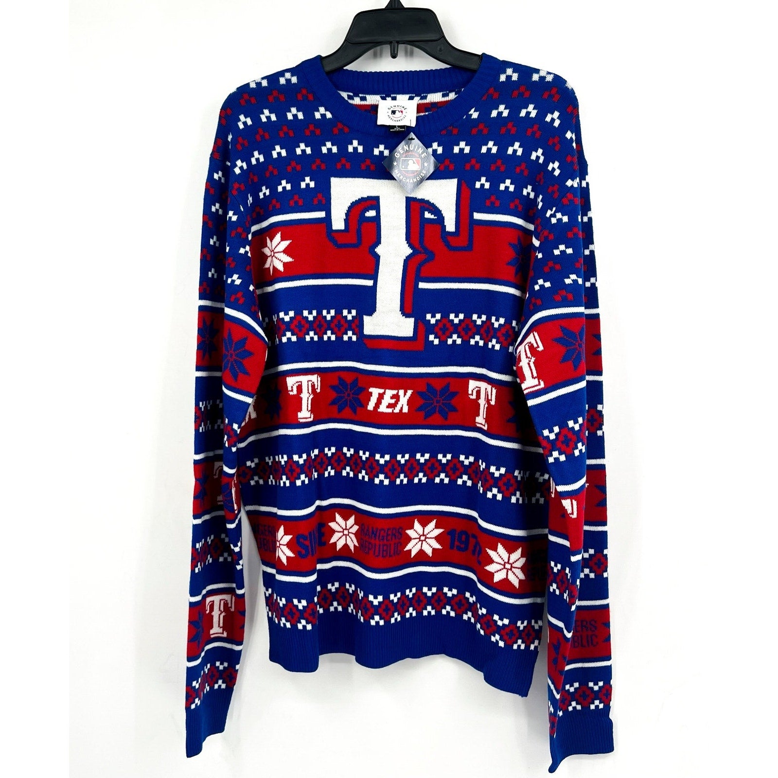 MLB GENUINE MERCHANDISE Men's Texas Ranger Crewneck Sweater Large Blue Red NWT