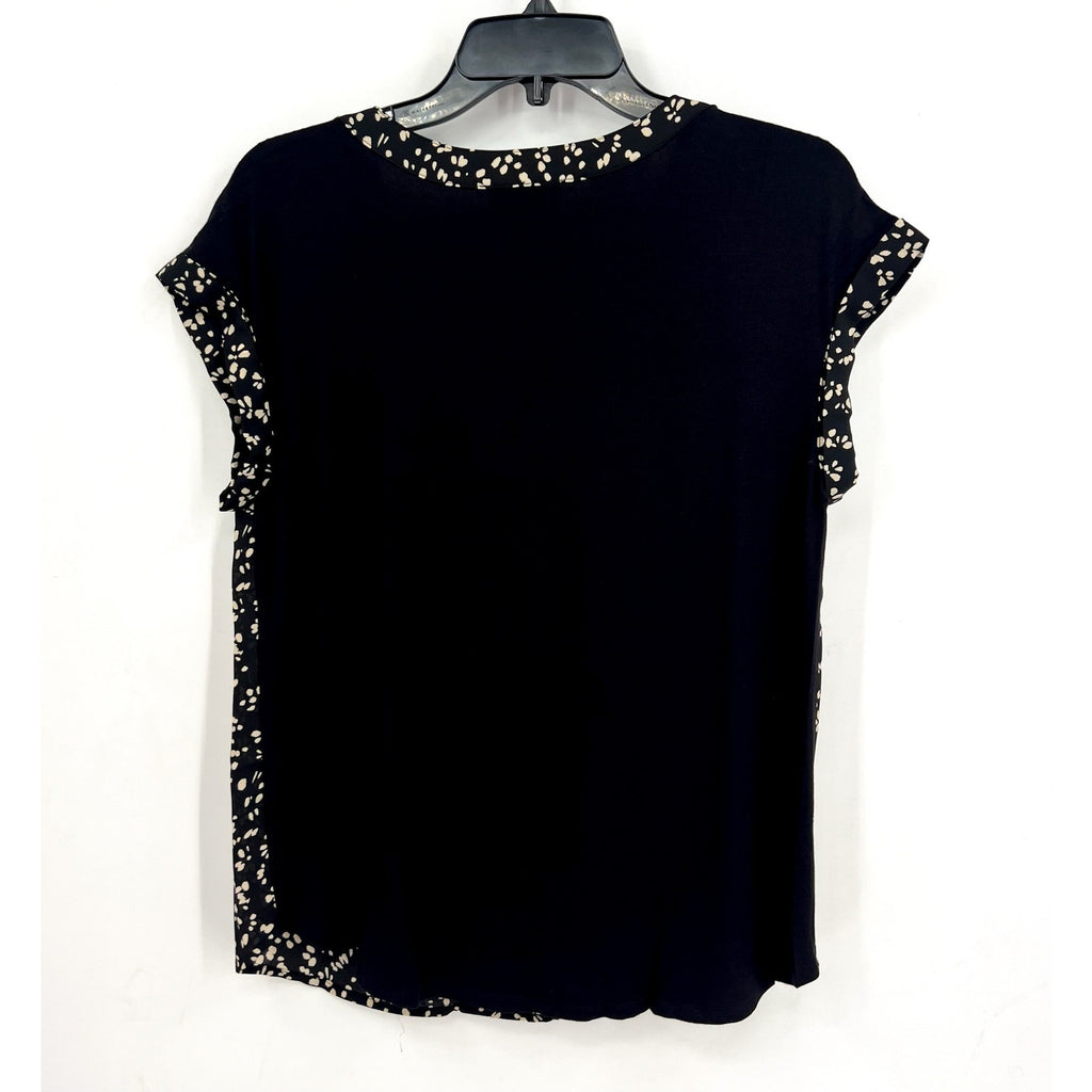 FORTUNE + IVY Womens V Neck Top Medium Black White Printed Short Sleeve NWOT