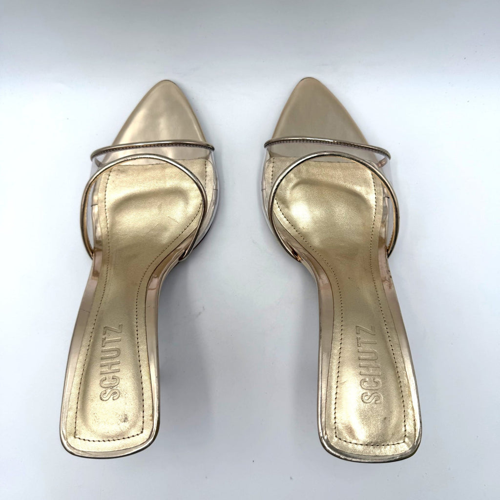 Schutz Womens Elodie Vinyl Heeled Mule Sandals Size 7.5 Platinum Gold NIB