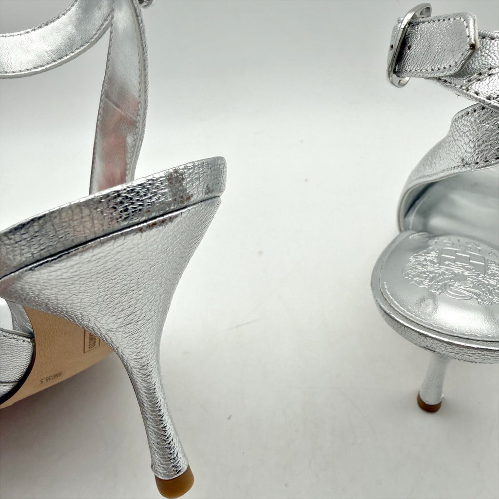 Vince Camuto Womens Pavles Ankle Strap Heeled Sandals Size 6 Silver Leather NIB