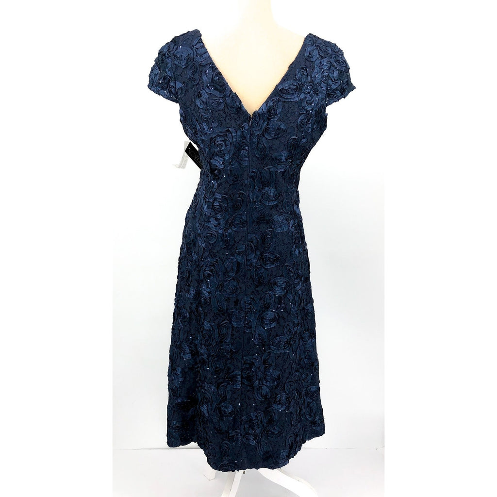 ALEX EVENINGS Rosette A-line Midi Dress Size 14 Navy Blue Sequin Lace 121570 NWT