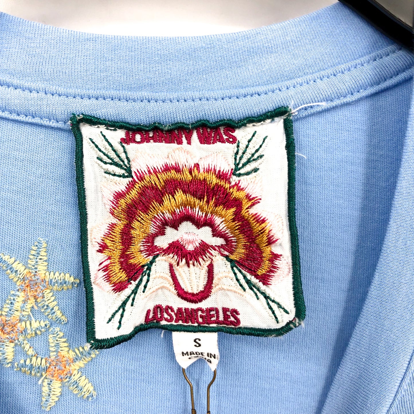 JOHNNY WAS Womens Raw Seam T-Shirt Small Blue Ishani Embroidered Floral NWT