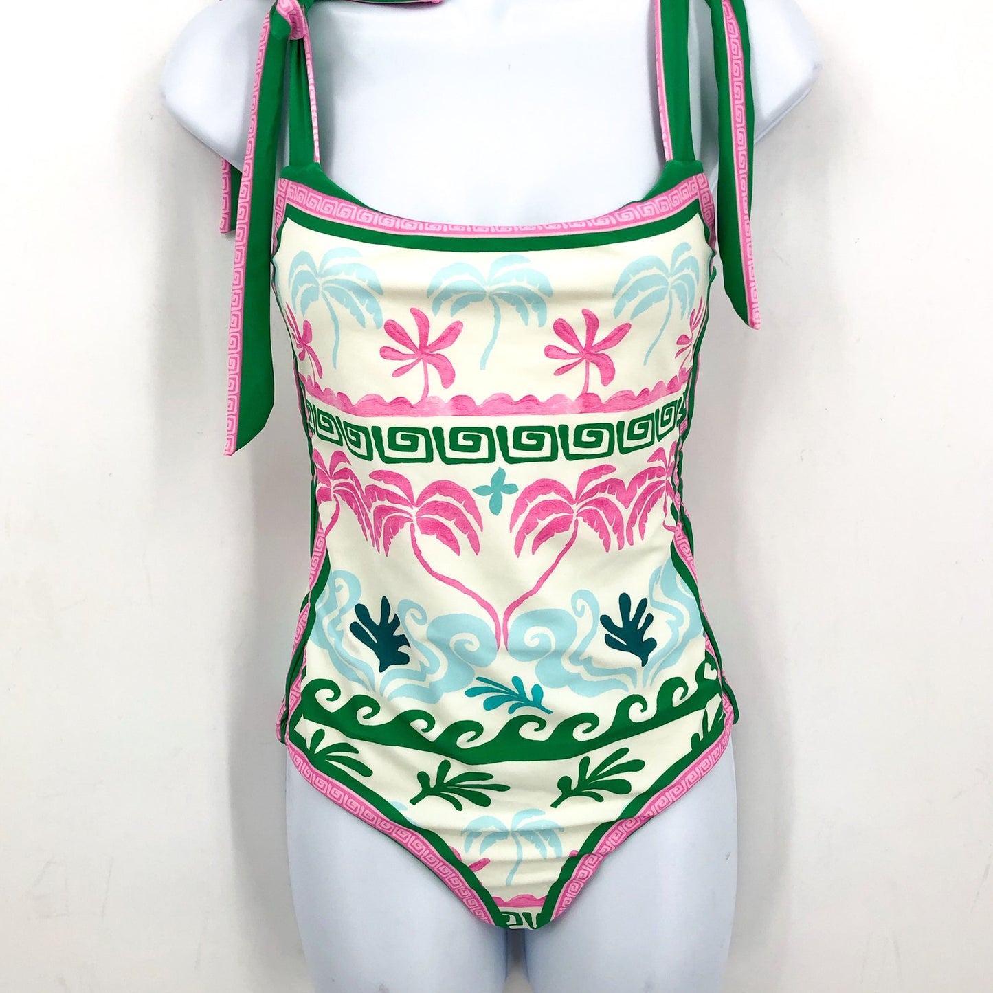 BEACH RIOT Women Shona One Piece Swimsuit Medium White Tropical Palm Tie NWT