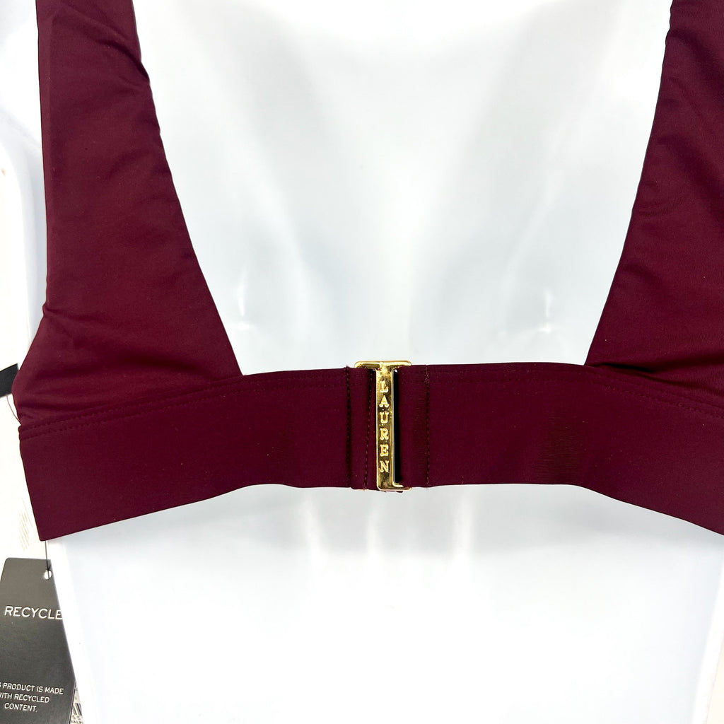 LAUREN RALPH LAUREN Banded V-Neck Bikini Top Size 10 Red Claret Beach Club NWT