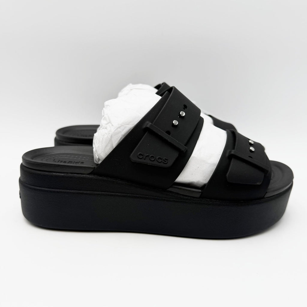 Crocs Womens Brooklyn Buckle Low Wedge Sandals Size 7 EU 37-38 Black NWT