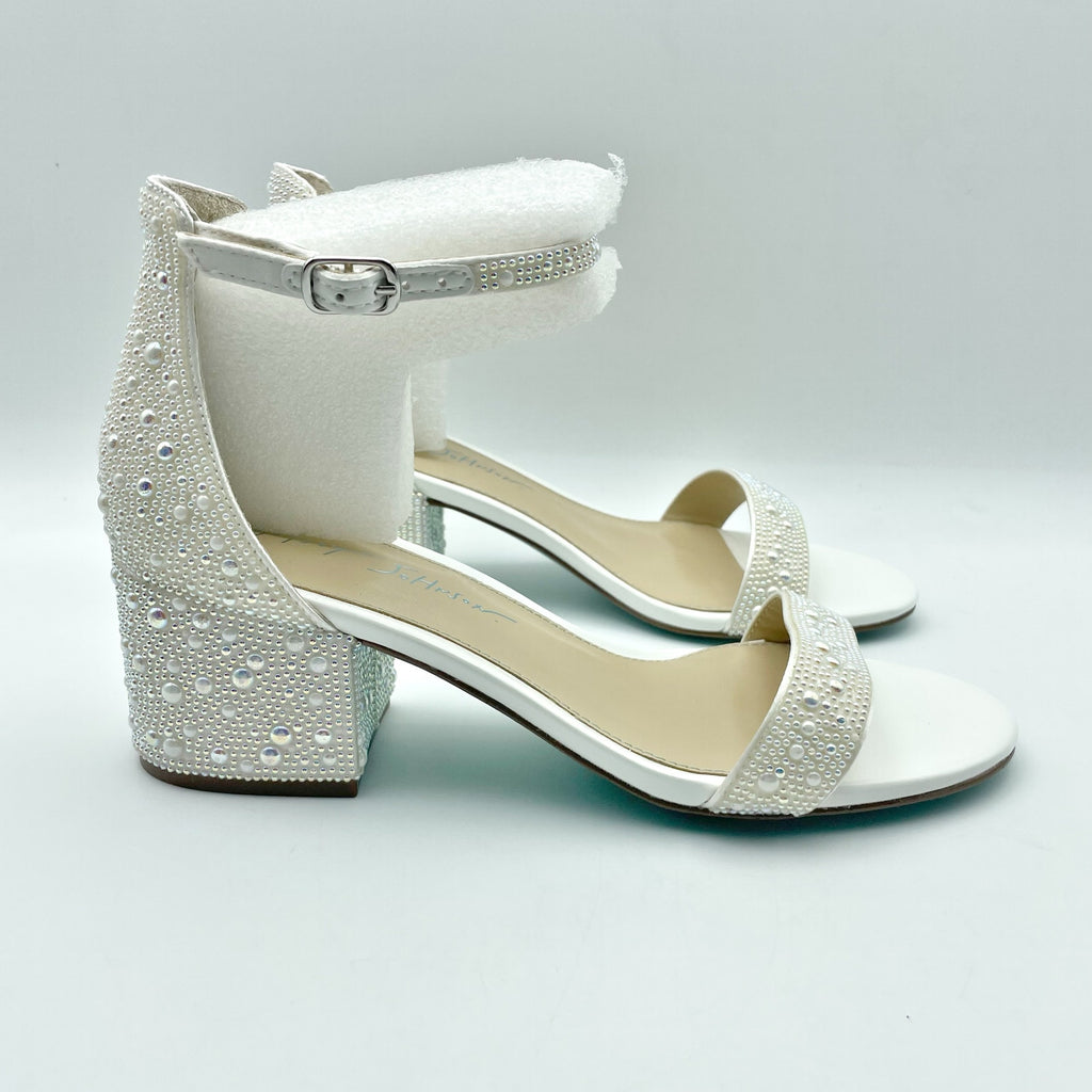 Betsey Johnson Womens Mari Heeled Sandals Size 6.5 EU 37 White Rhinestone NIB