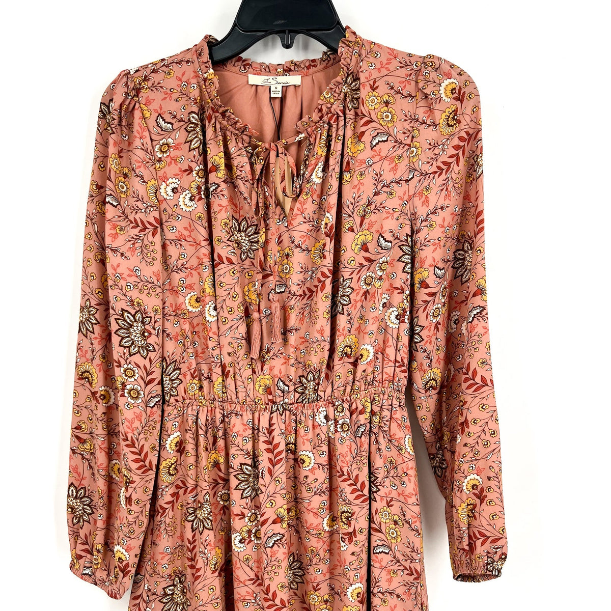 LES SEREIN Floral Long Sleeve Mini Dress Small Pink Multi Elastic Waist NWT