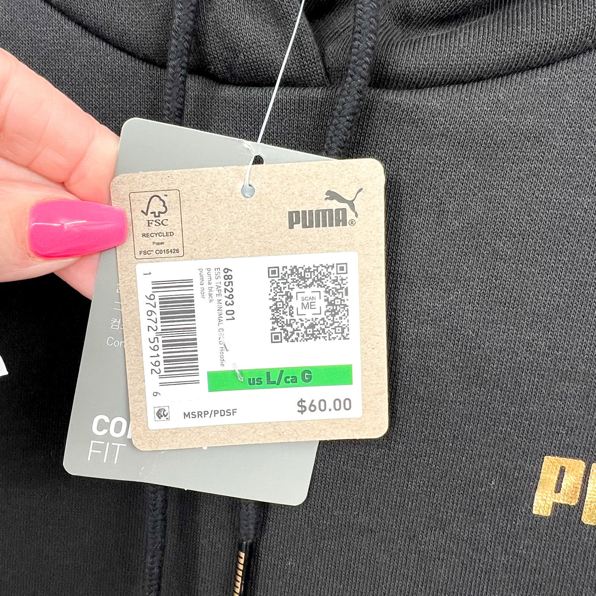 PUMA Women's Essentials Tape Minimal Gold Hoodie Large Black Sweatshirt NWT