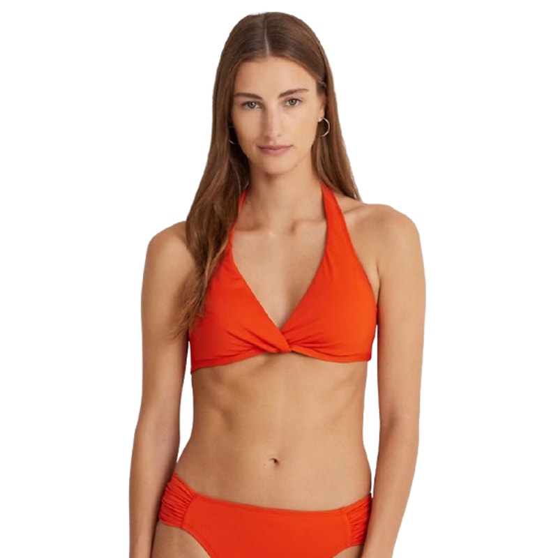 LAUREN RALPH LAUREN Twist-Front Bikini Top Size 12 Red Orange Halter NWT