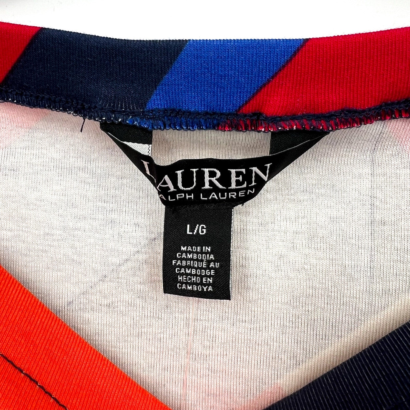 LAUREN RALPH LAUREN Judy Top Large Blue Red Geometric Mid-Sleeve NWT