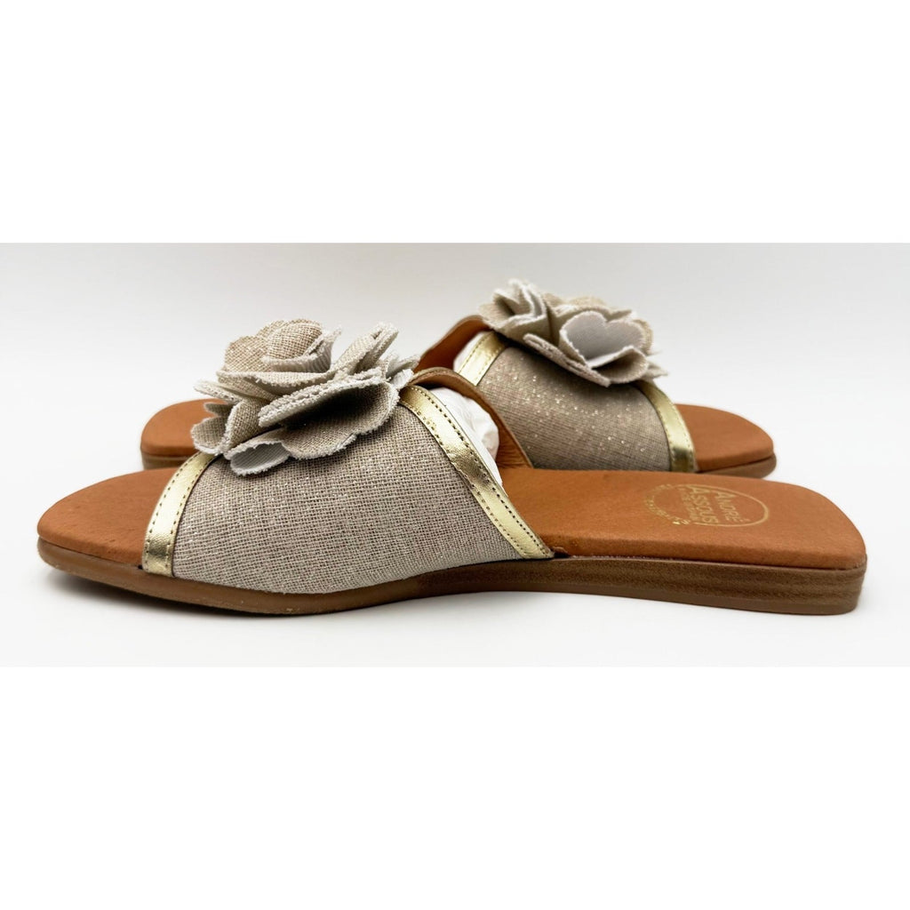 Andre Assous Womens Kiky Flower Slide Sandals Size 7 EU 38 Beige Natural NIB