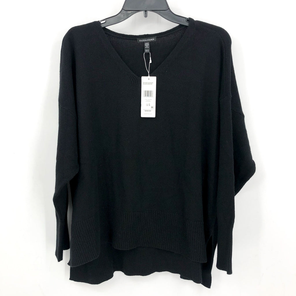 EILEEN FISHER Women's V-Neck Sweater Medium Black Cotton Cashmere NWT