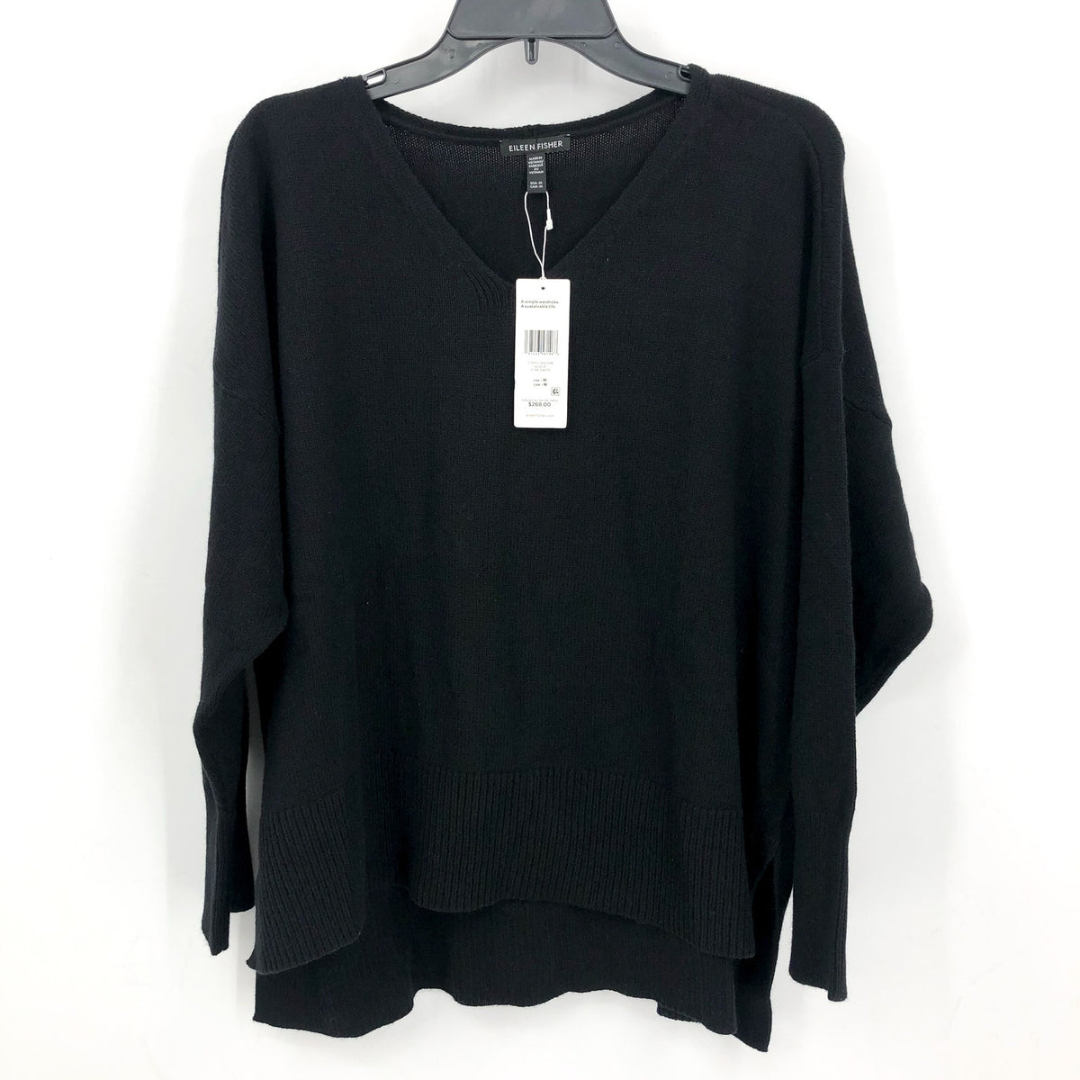 EILEEN FISHER Women's V-Neck Sweater Medium Black Cotton Cashmere NWT