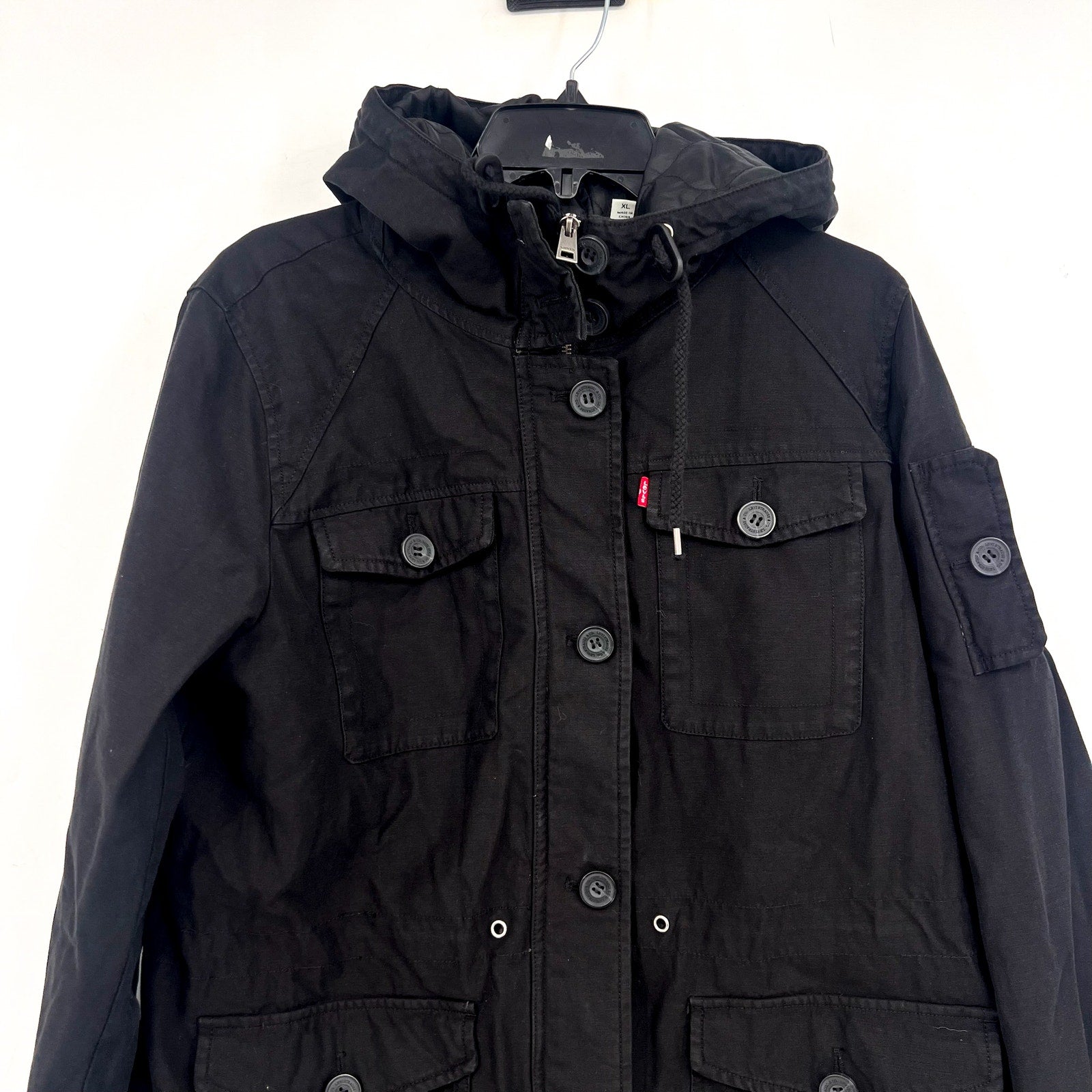 LEVI'S Women's Hooded Field Jacket XL Black Cotton Four Pocket NWT
