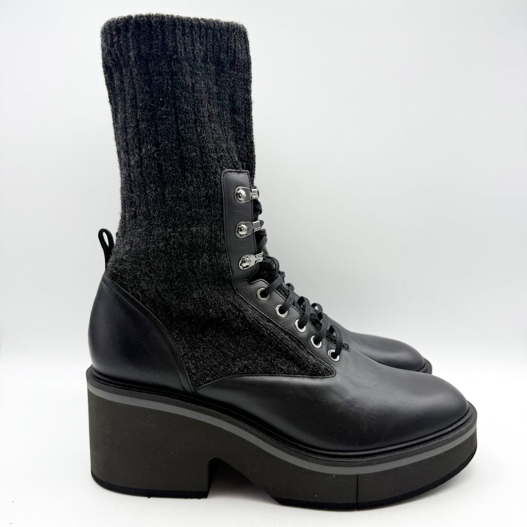 Robert Clergerie Womens Ancel Boots Size 10 EU 40 Black Calfskin Knit Combat NIB