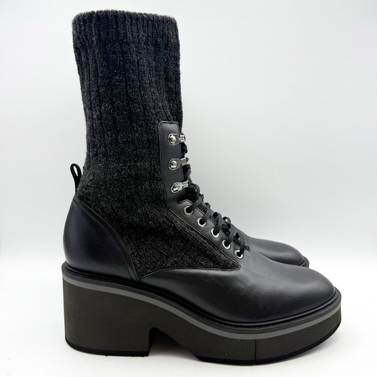 Robert Clergerie Womens Ancel Boots Size 10 EU 40 Black Calfskin Knit Combat NIB