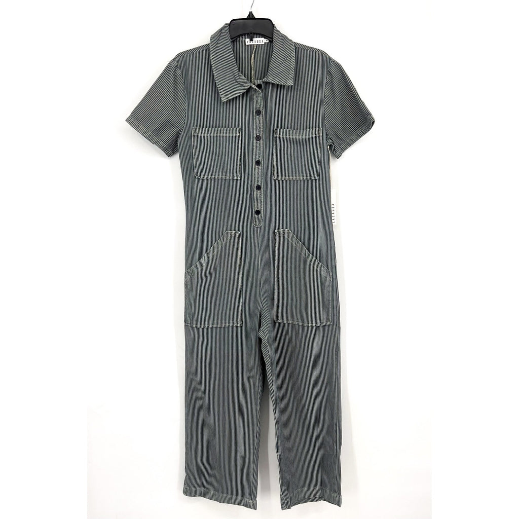 LACAUSA Women's Railroad Lucky Jumpsuit XS Blue Sea Salt Stripe Short Sleeve NWT