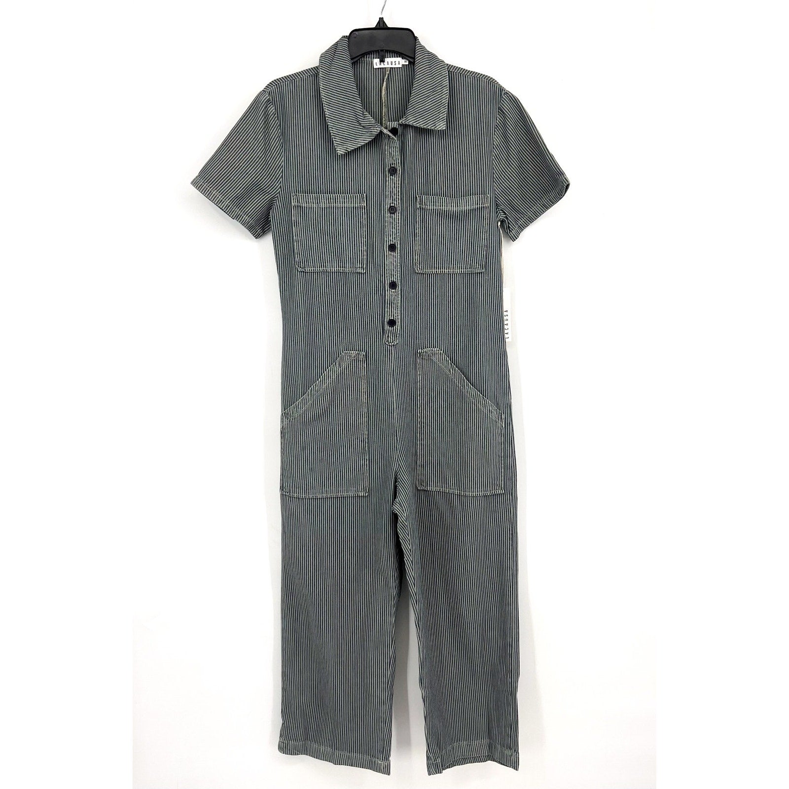 LACAUSA Women's Railroad Lucky Jumpsuit XS Blue Sea Salt Stripe Short Sleeve NWT