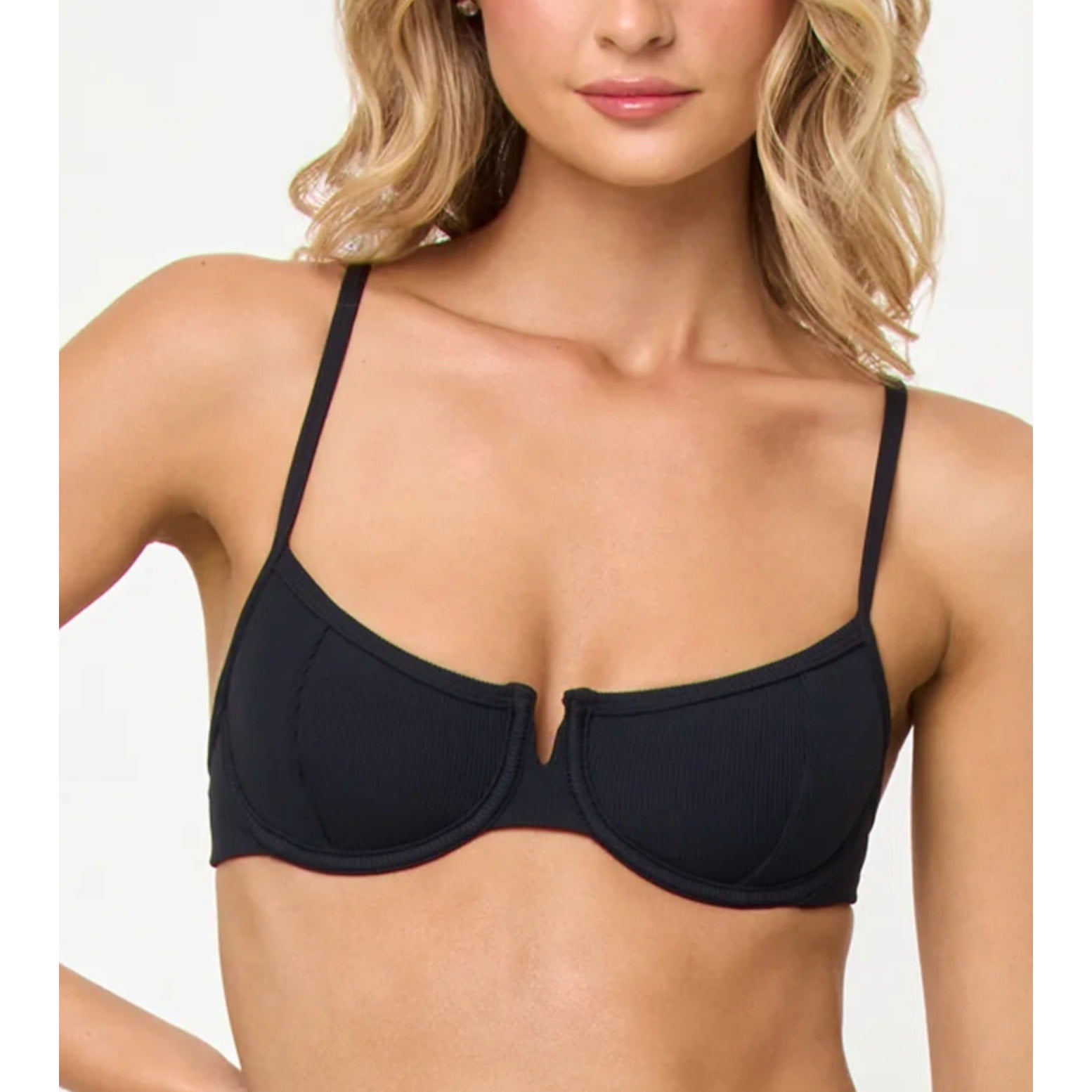 L*SPACE Women's Hunter Underwire Bikini Top Small Black V Front Tie Back NWT