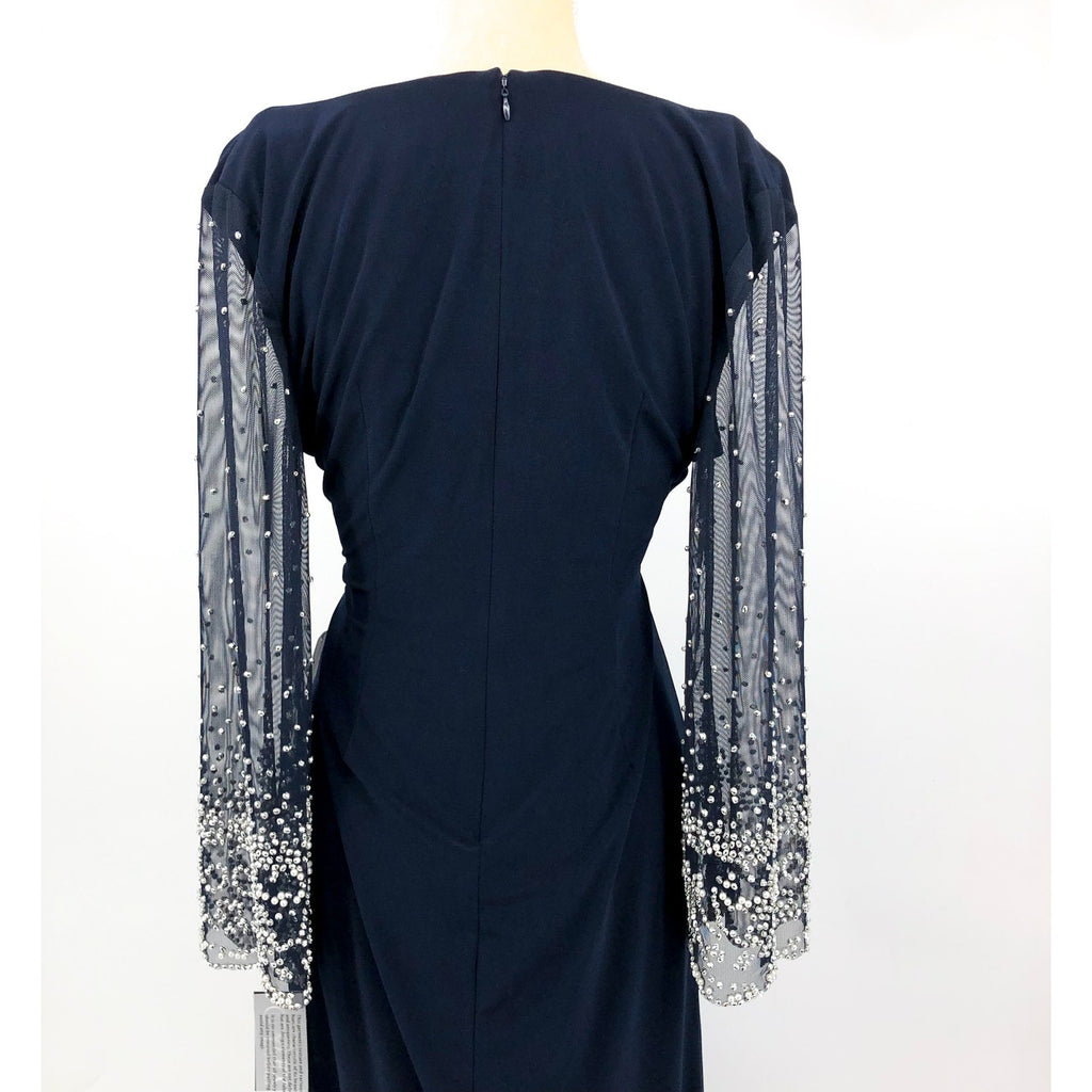 ALEX EVEININGS Embellished Illusion Dress Size 12 Dark Navy Blue Jersey NWT