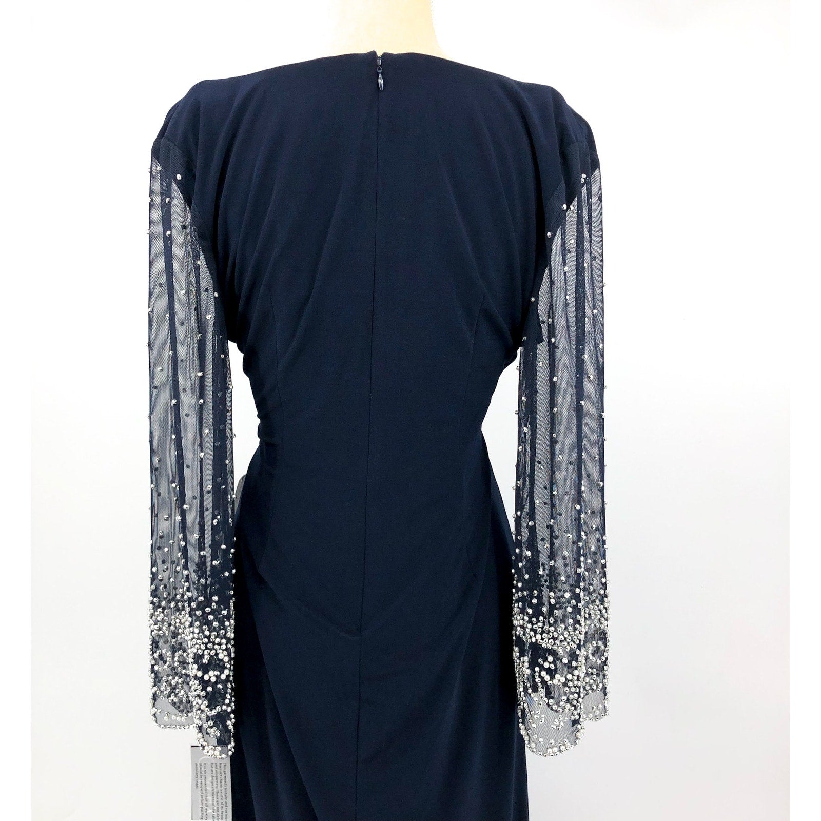 ALEX EVEININGS Embellished Illusion Dress Size 12 Dark Navy Blue Jersey NWT