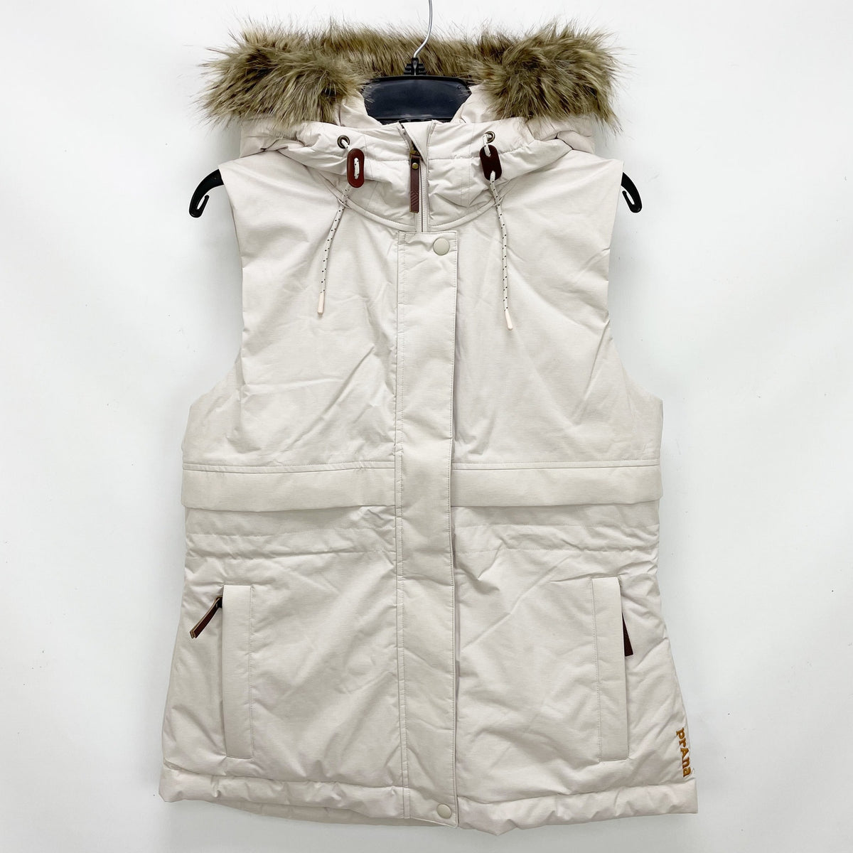 Prana Womens Banajaara Down Vest XS Cream Puffer Hooded Faux Fur NWT $250