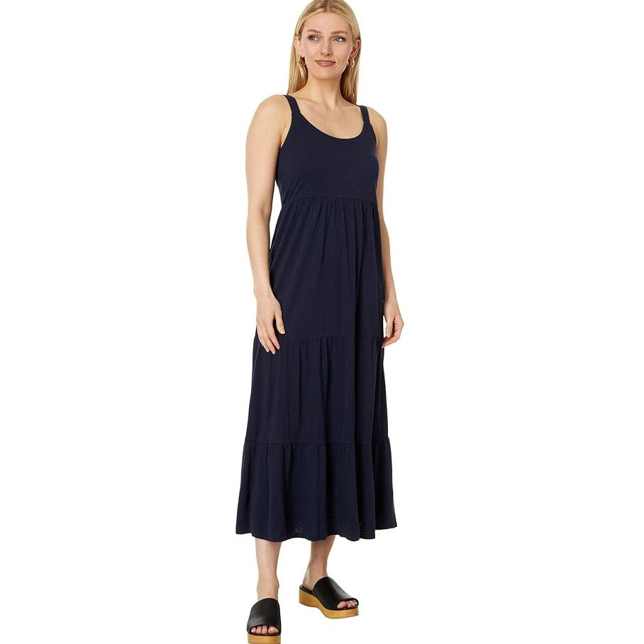 NIC+ZOE Tiered Maxi Tank Dress Large Dark Blue Cotton Blend Scoop Neck NWT