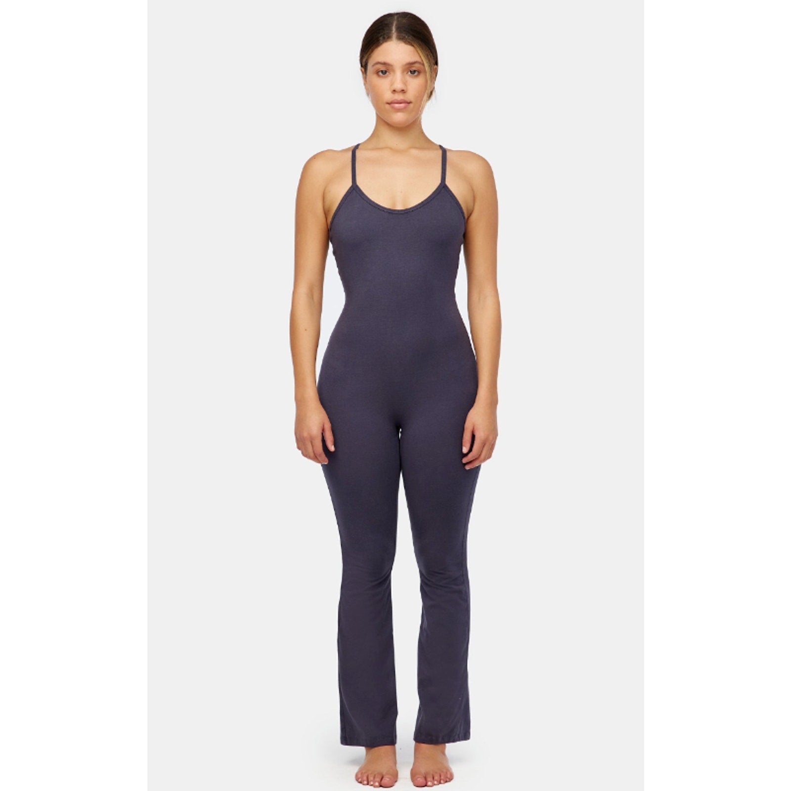 LACAUSA Womens Flow Prana Unitard Medium Charcoal Grey Yoga Tank Low Back NWT