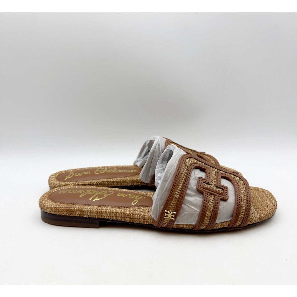 Sam Edelman Women's Bay Slide Sandals Size 7 EU 37 Tan Raffia Flats NIB