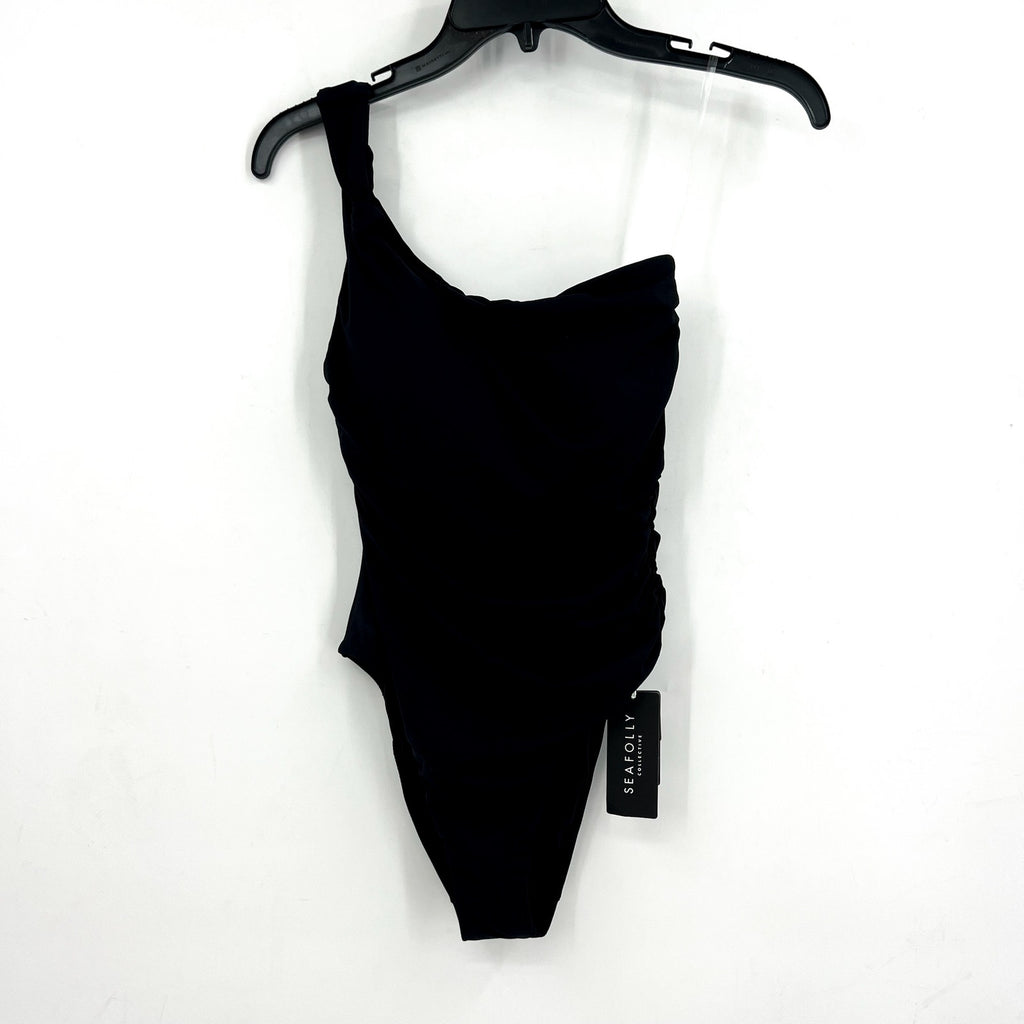 SEAFOLLY COLLECTIVE One Shoulder One Piece Swimsuit Size 2 Black Ruched NWT