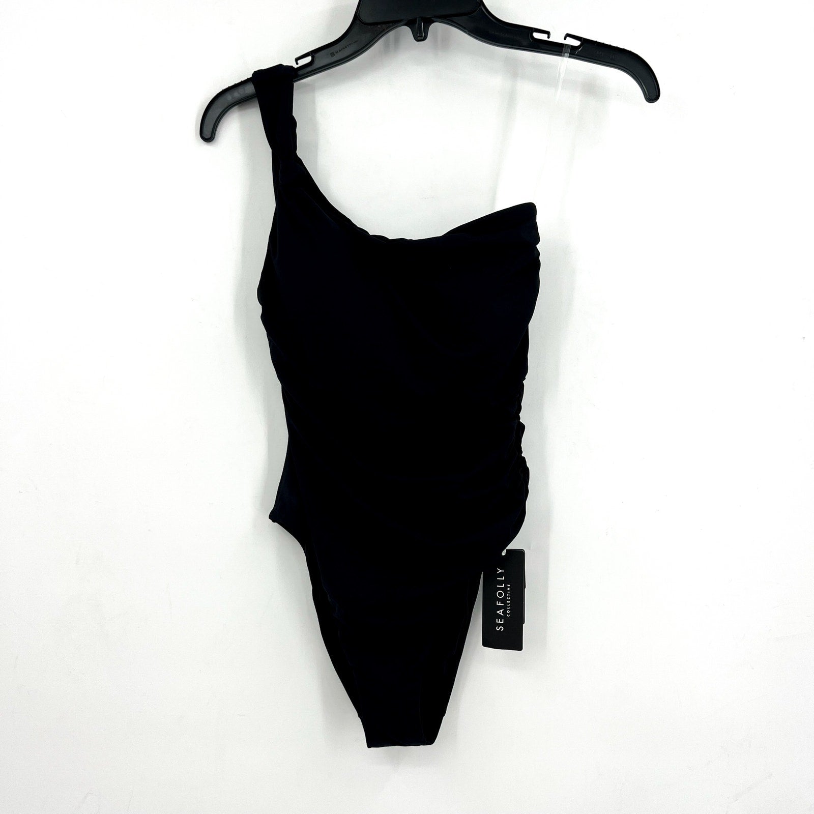SEAFOLLY COLLECTIVE One Shoulder One Piece Swimsuit Size 2 Black Ruched NWT