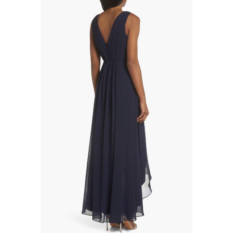 ELIZA J High Low Chiffon Long Dress Size 8 Navy Blue Embellished Sleeveless NWT