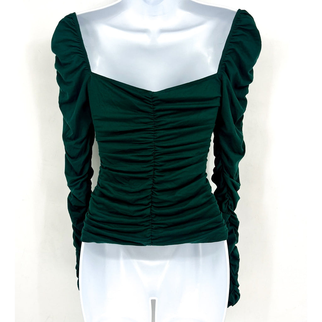 REFORMATION Women's Esra Queen Ann Neck Ruched Blouse Small Emerald Green EUC