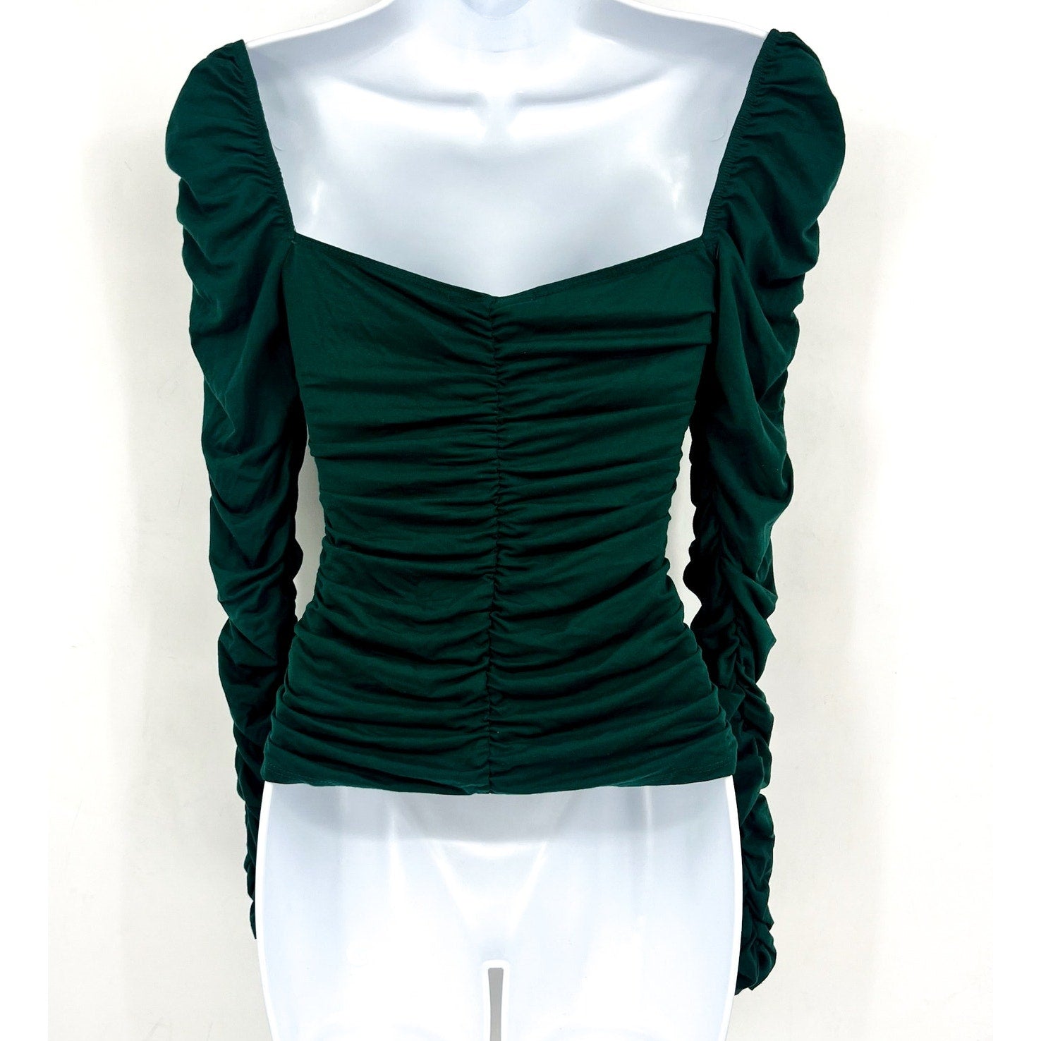 REFORMATION Women's Esra Queen Ann Neck Ruched Blouse Small Emerald Green EUC