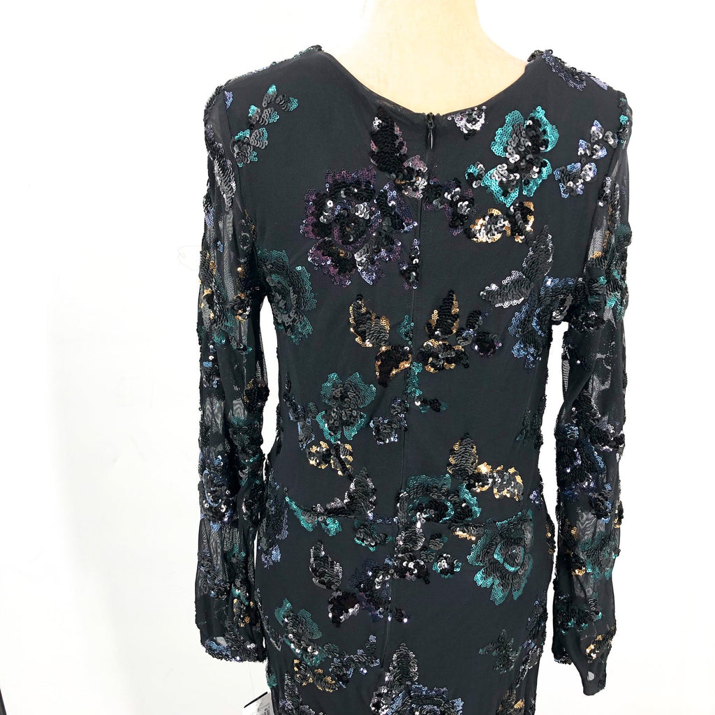 BETSY & ADAM Long Long Sleeve Floral Sequin Gown Size 12 Black & Teal NWT