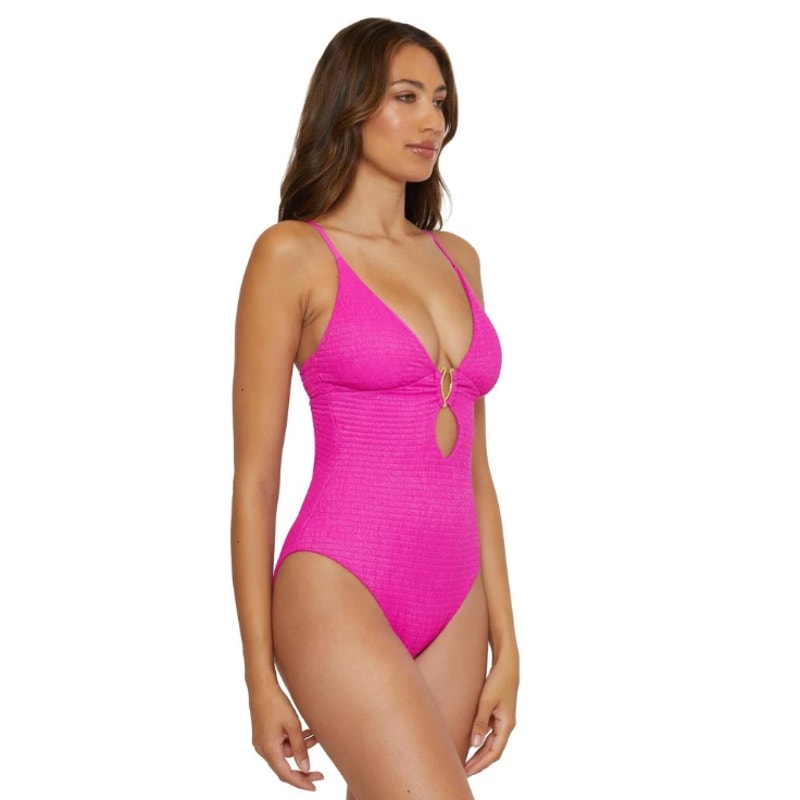 BECCA Luminous Evelynn Plunge One-Piece Swimsuit Medium Vivid Pink NWT