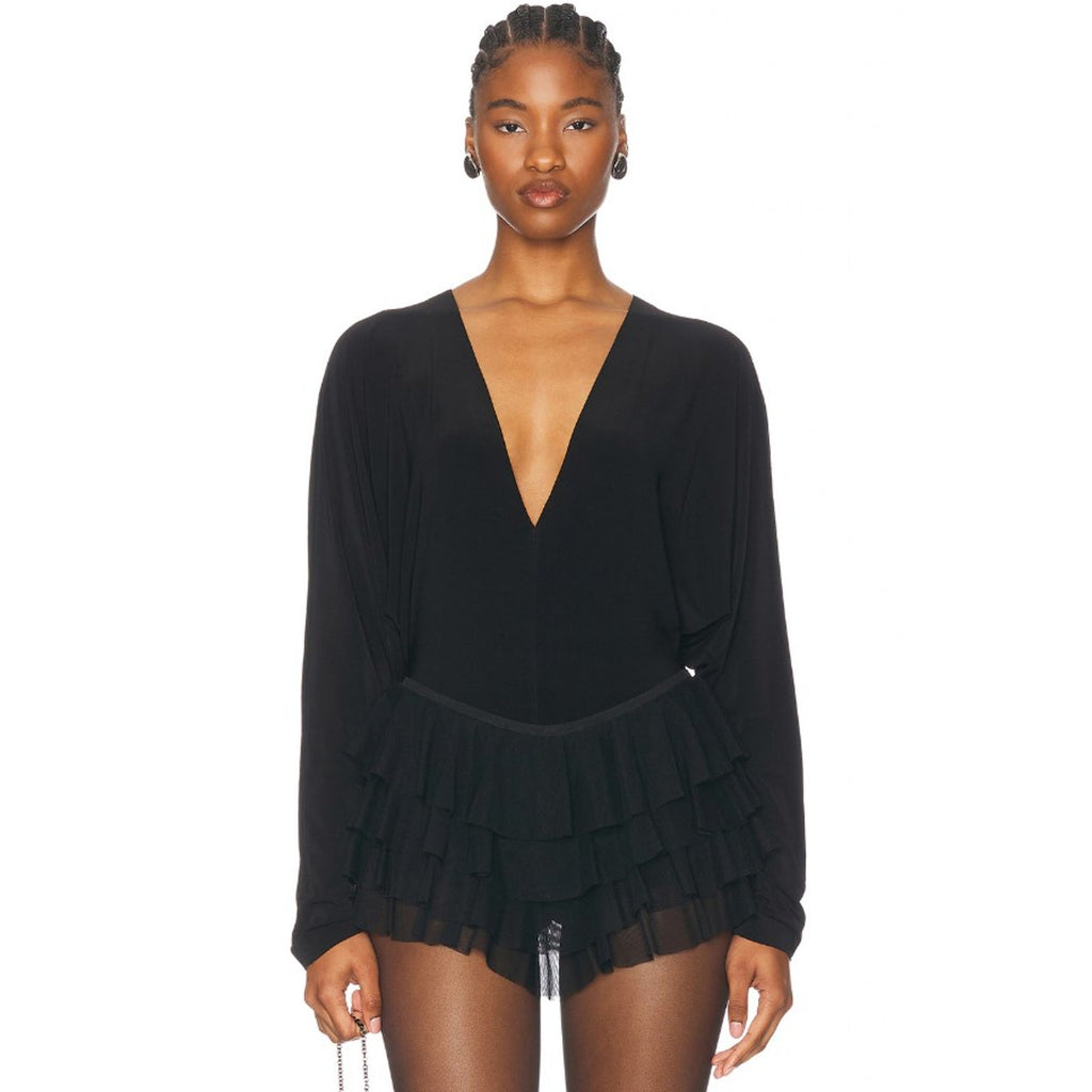 NORMA KAMALI Women's Dolman V Neck Bodysuit XS 34 Black Long Sleeve NWT