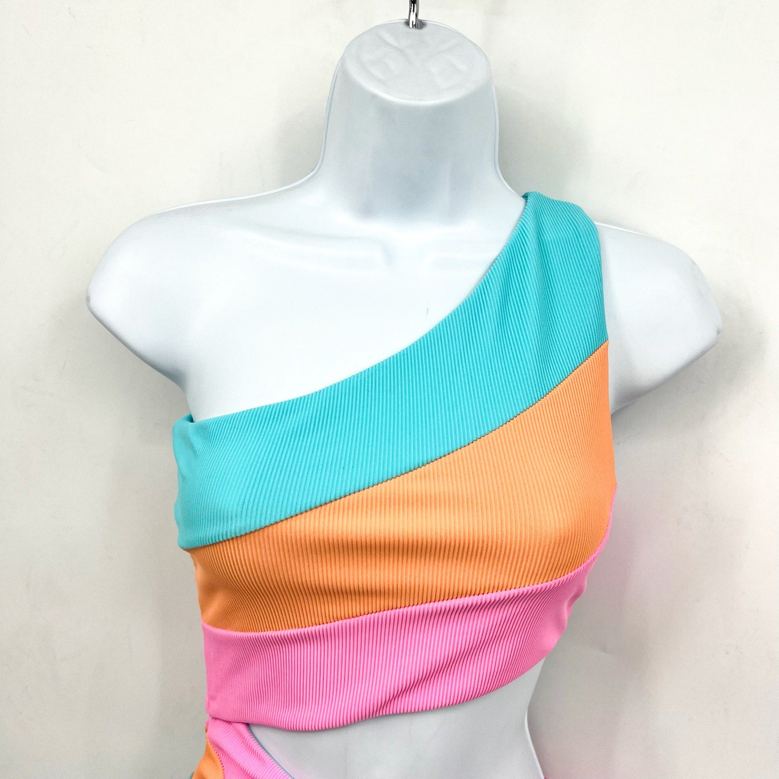 BEACH RIOT Joyce One Shoulder One Piece Swimsuit Small Pink Blue NWOT
