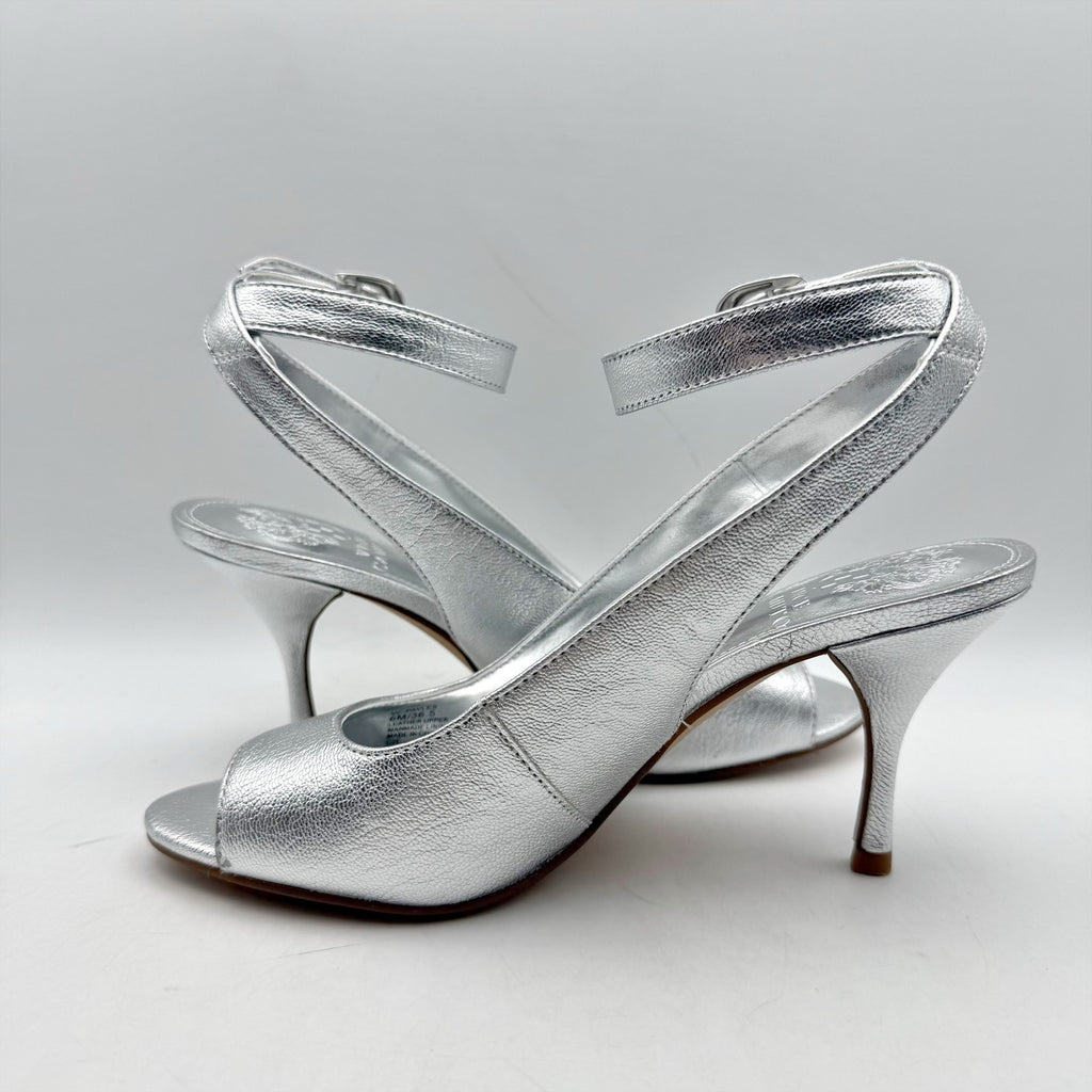 Vince Camuto Womens Pavles Ankle Strap Heeled Sandals Size 6 Silver Leather NIB