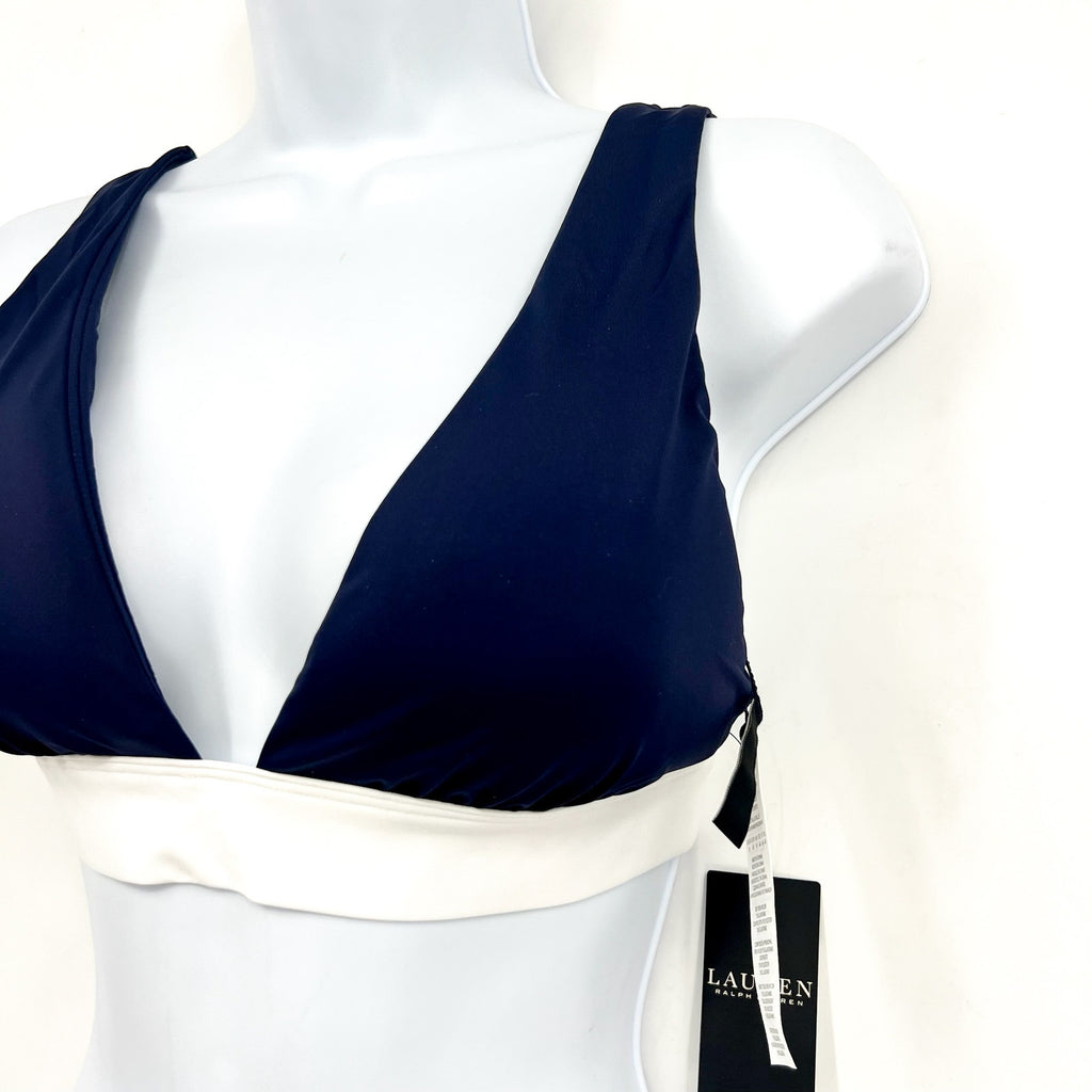 LAUREN RALPH LAUREN Women's Banded V Neck Bikini Top Size 12 Blue Bel Air NWT
