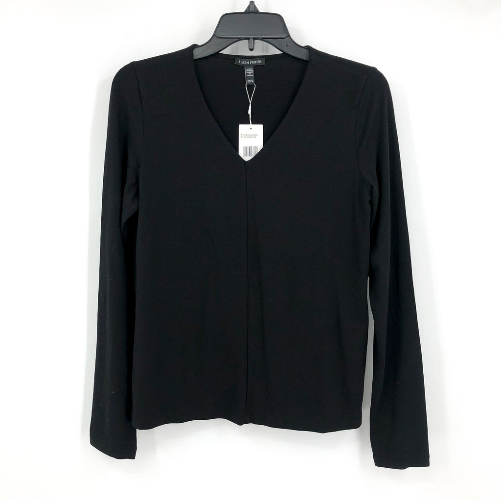 EILEEN FISHER Women's Fine Jersey Long Sleeve V-Neck Top XS Black Slim Fit NWT