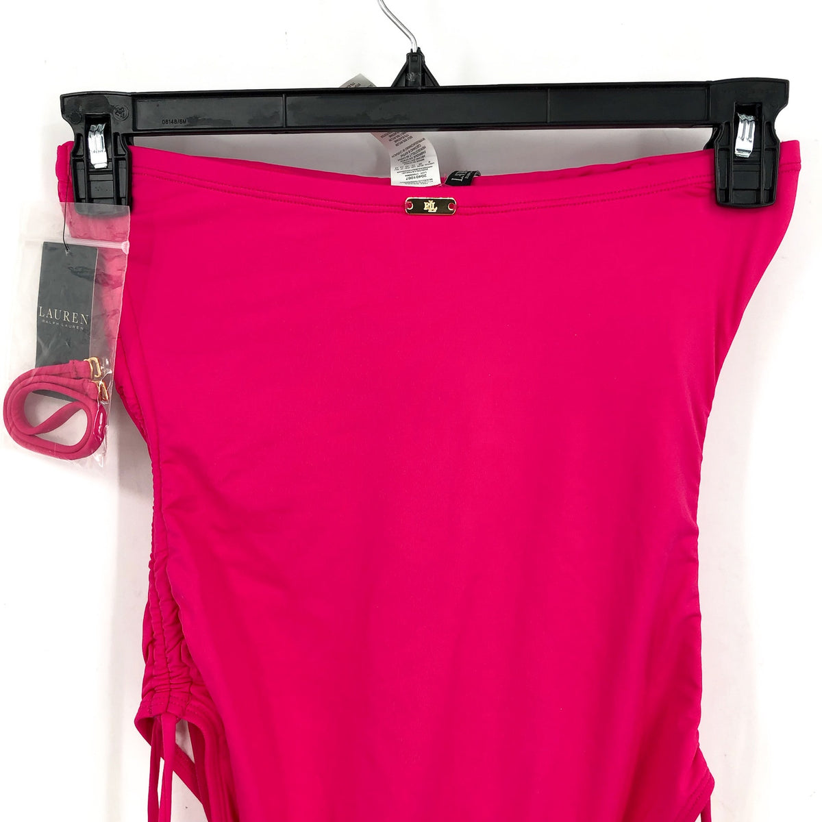 LAUREN RALPH LAUREN Bandeau One Piece Swimsuit Size 14 Pink Beach Club Ruche NWT