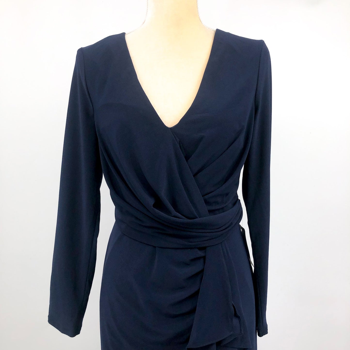 BETSY & ADAM Elle Gown Size 12 Navy Blue Long Sleeve Side Ruffled Slit NWT