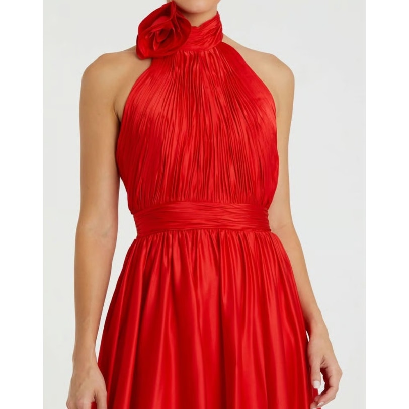 MAC DUGGAL Women's Halter Neck Satin Gown Size 10 Red High Slit Open Back NWT