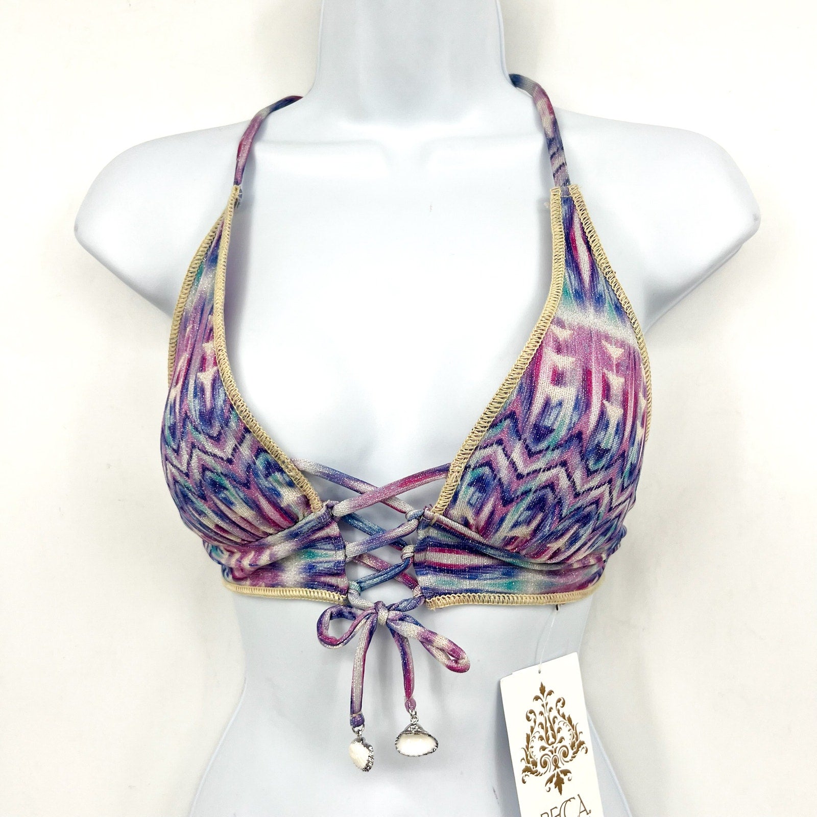 BECCA Women's Tulum Halter Bikini Top Small Purple Multi Printed Lace Front NWT