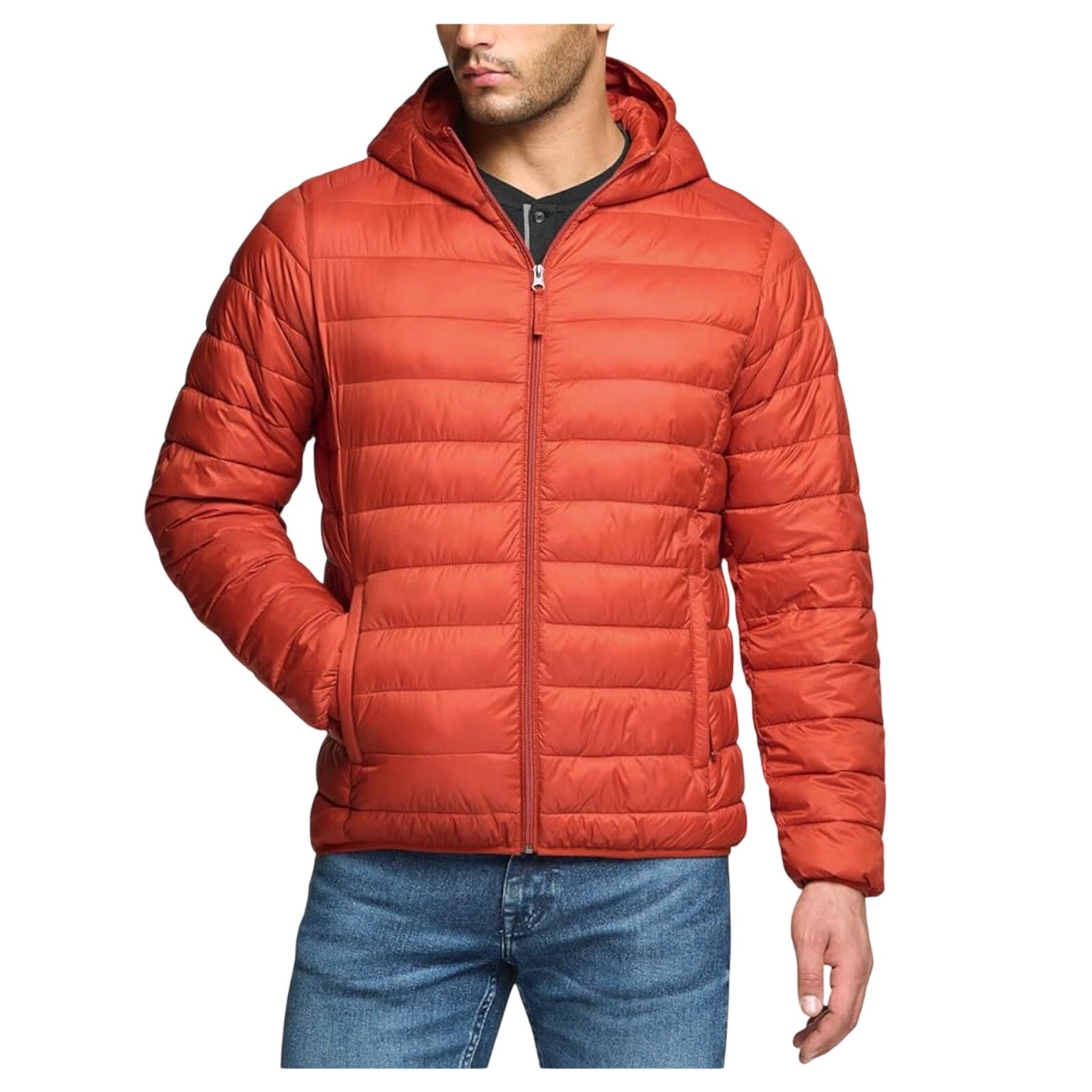 TSLA Mens Ascent Puffer Jacket Large Orange Red Lightweight Packable NWOT