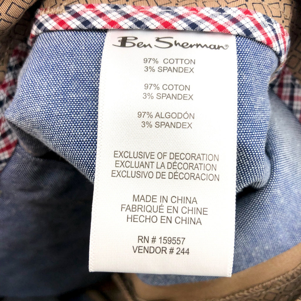 BEN SHERMAN Men's Printed Stretch Chino Shorts Size 34 Khaki Tan Flat Front NWT