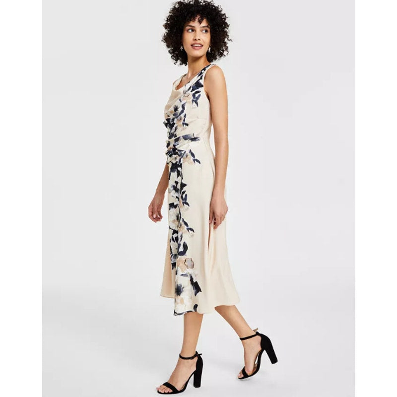 DKNY Women's Floral Cocktail Midi Dress Size 4 Elegant Beige Cowlneck NWT