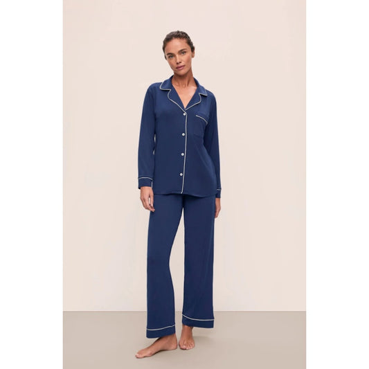 EBERJEY Women's Gisele Long PJ Set Medium Navy Blue Ivory TENCEL Modal NWOT