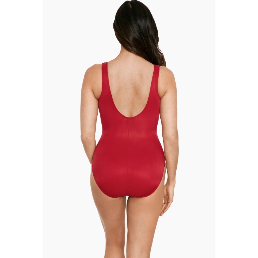 MIRACLESUIT Women's Razzle Dazzle Zipt One-Piece Swimsuit Size 16 Red Ruched NWT